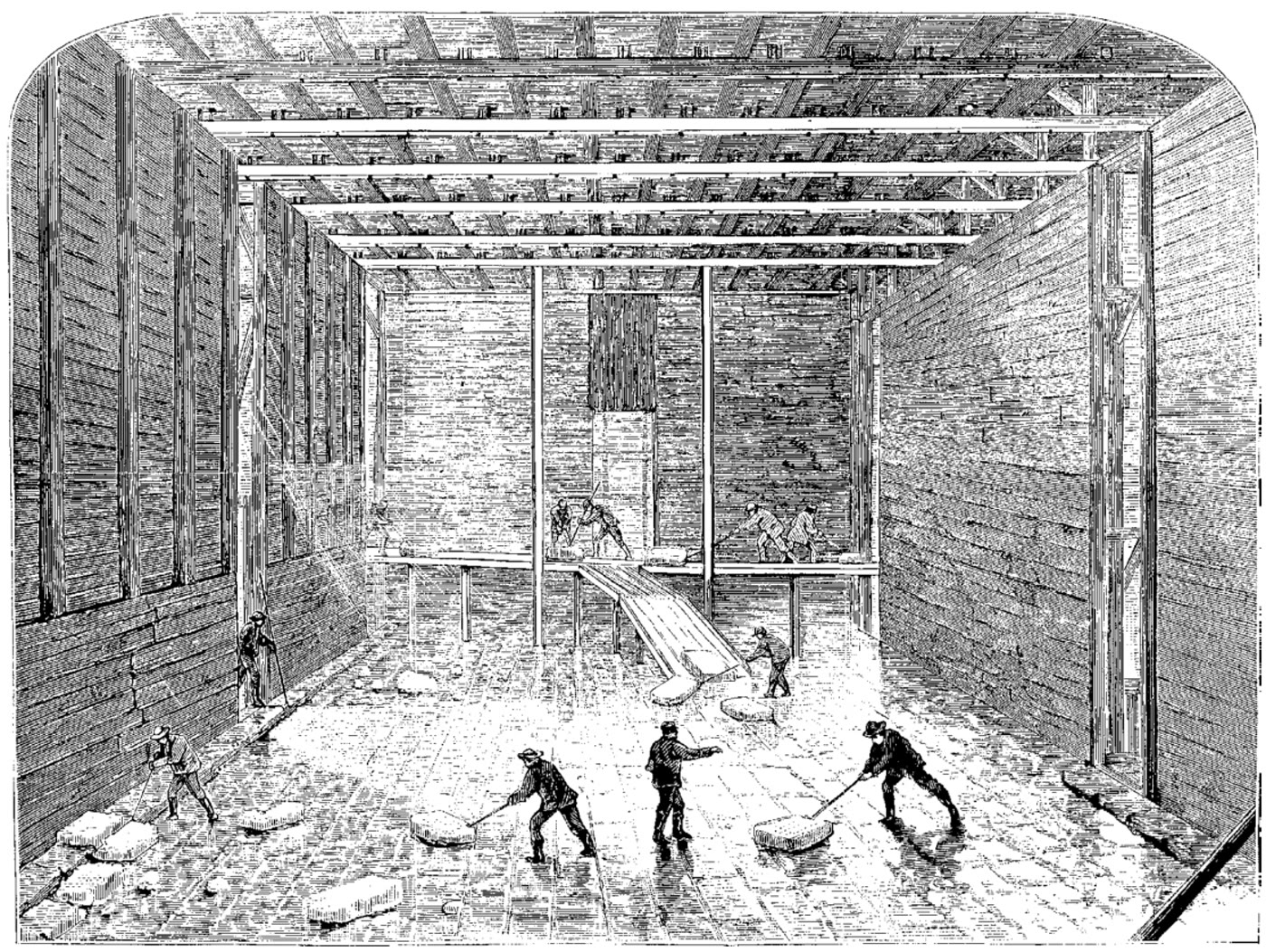 Engraving of men stacking huge blocks of ice inside a warehouse at Barrytown, New York, 1871