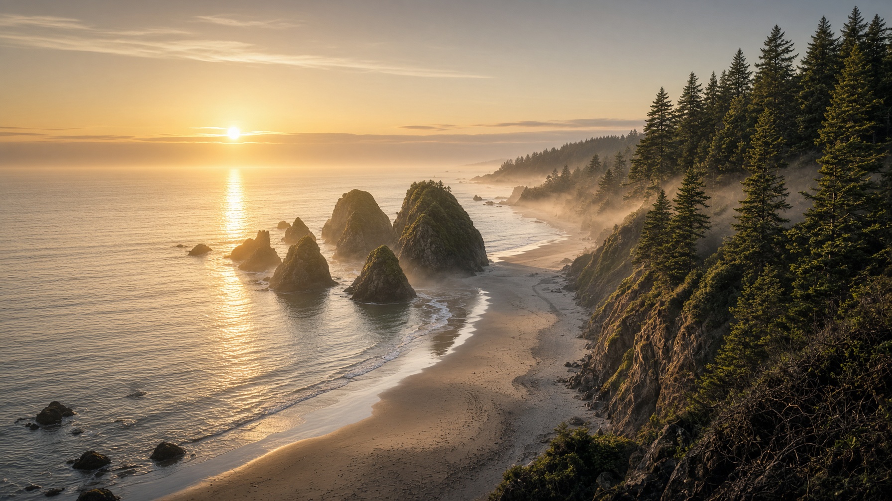 Pacific Northwest Coast at Golden Hour — rocky shore and ocean under warm late light